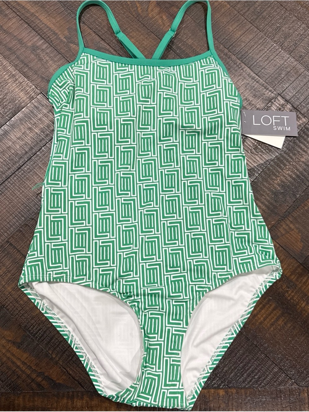 LOFT Green Geometric Girls' One-Piece Swimsuit-missing waist tie NWT